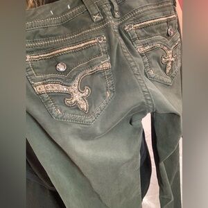 Rock Revival Olive Dark Green skinny Jeans with Embellished Back Pockets